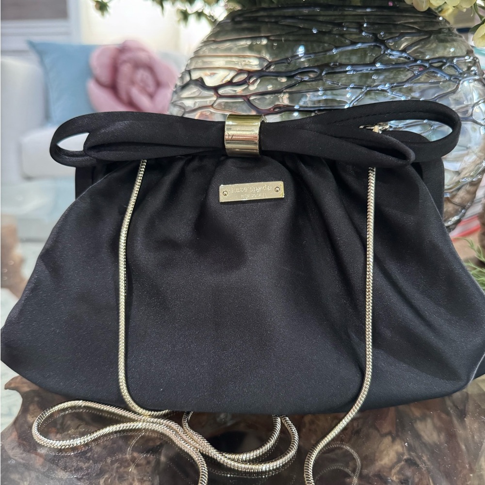 kate spade Black Satin Bow Clutch with Gold Chain
